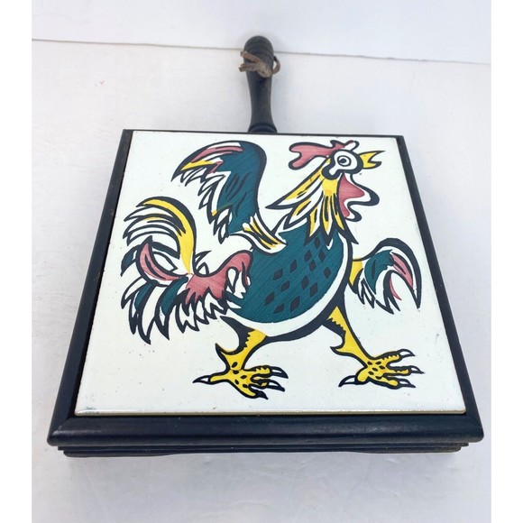 Vintage Trivet Wood & Ceramic Tile ROOSTER , Kitchen Decorations - Picture 3 of 7